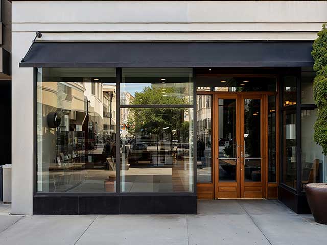 Modern-urban-retail-space-featuring-large-glass-windows-and-a-wooden-door
